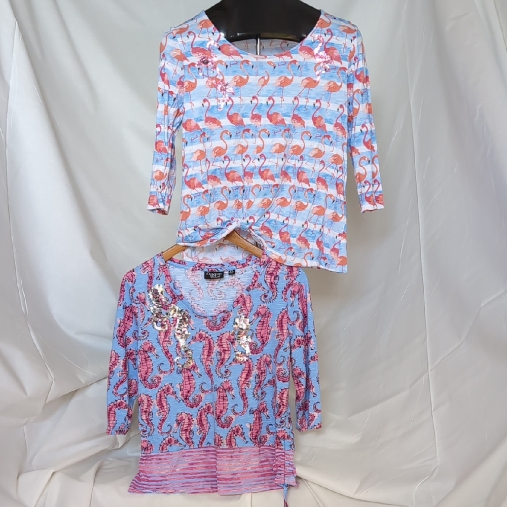 Onque Casuals Flamingo Print Top in Blue and Pink
